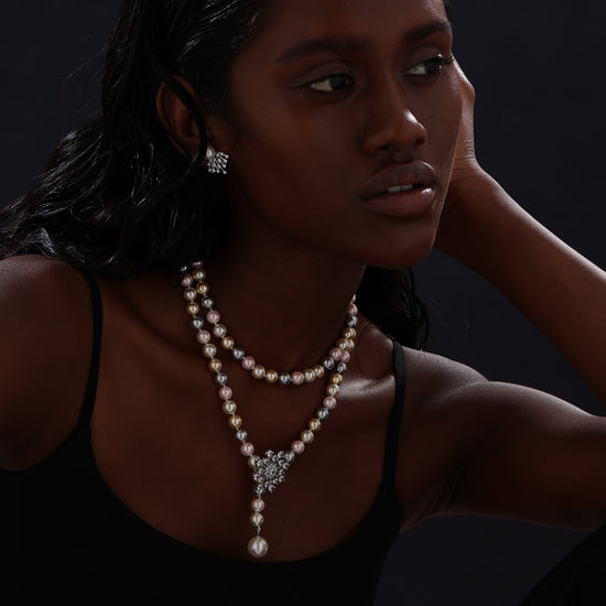 Snow Flower Pearl Drop Necklace - 4 Ways to Wear - Multicolour - Long Necklace - ONNNIII