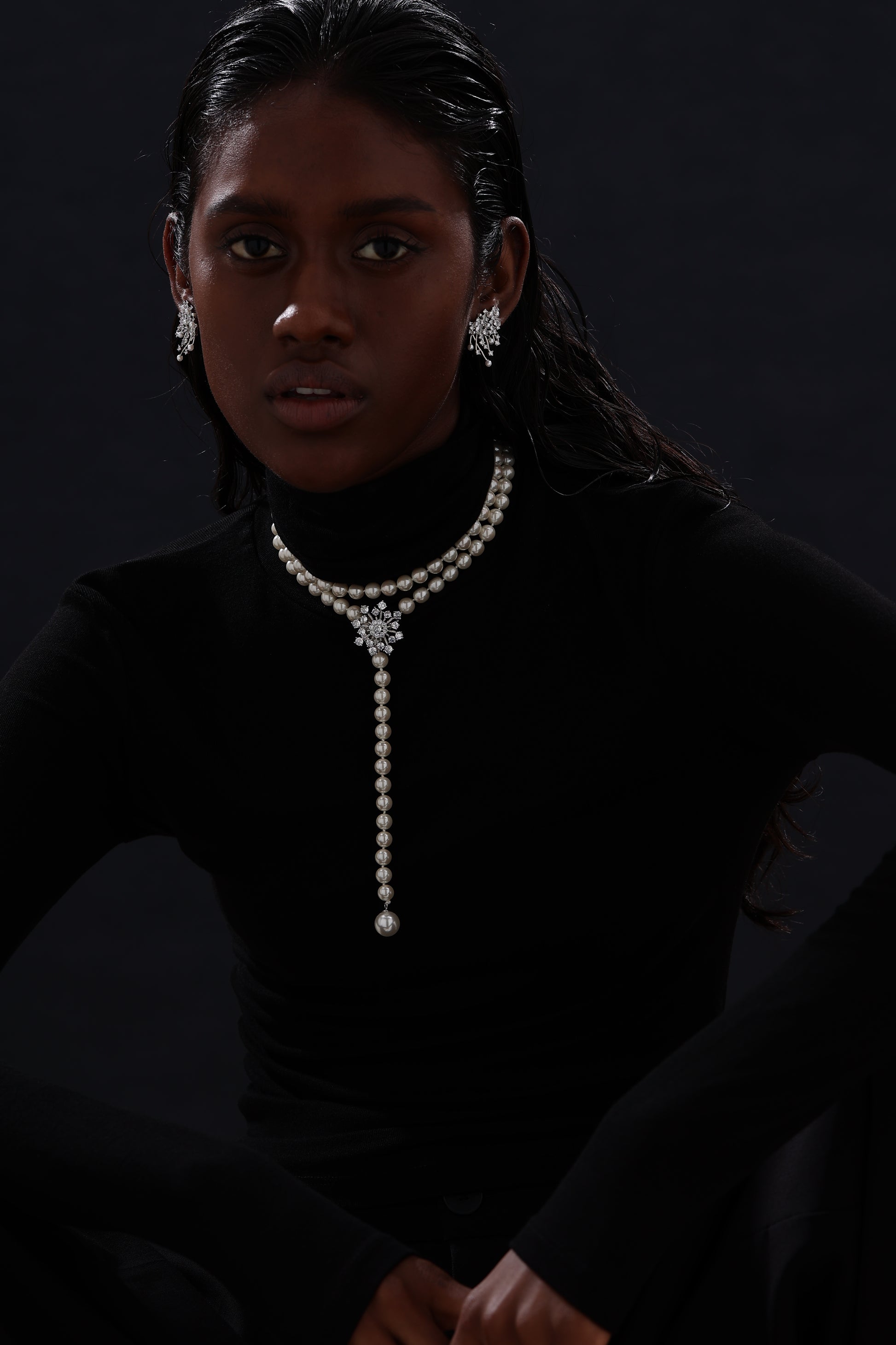 Snow Flower Pearl Drop Necklace - 4 Ways to Wear - White - Long Necklace - ONNNIII