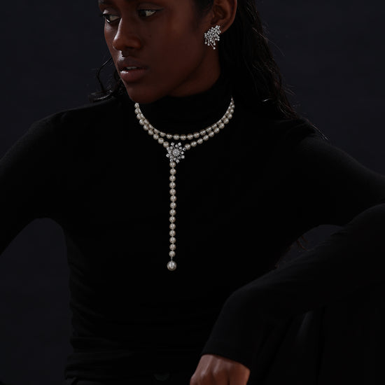 Snow Flower Pearl Drop Necklace - 4 Ways to Wear - White - Long Necklace - ONNNIII