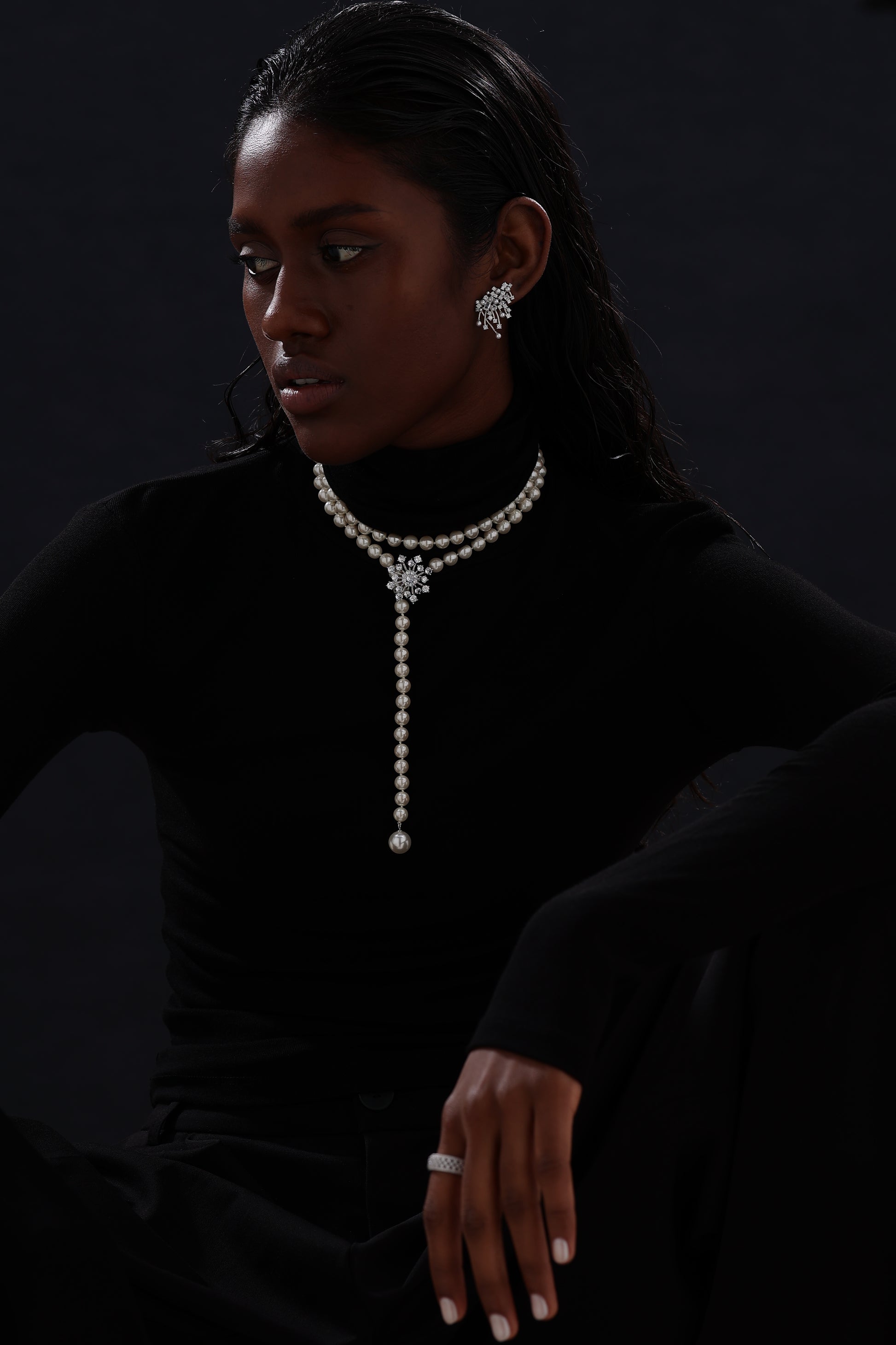 Snow Flower Pearl Drop Necklace - 4 Ways to Wear - White - Long Necklace - ONNNIII