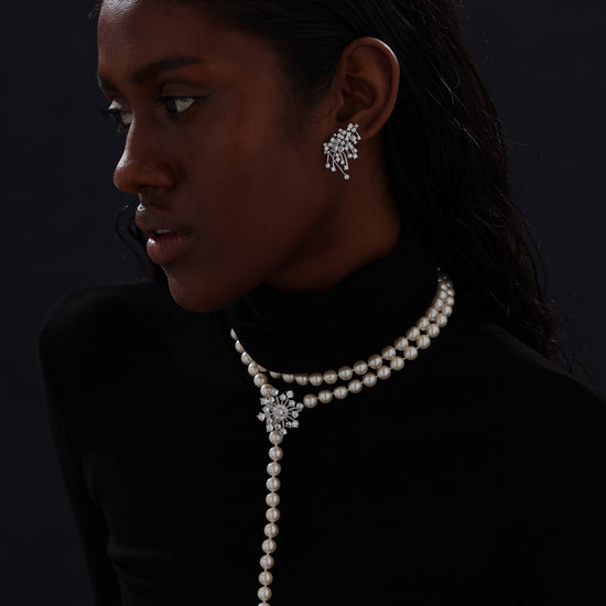 Snow Flower Pearl Drop Necklace - 4 Ways to Wear - White - Long Necklace - ONNNIII