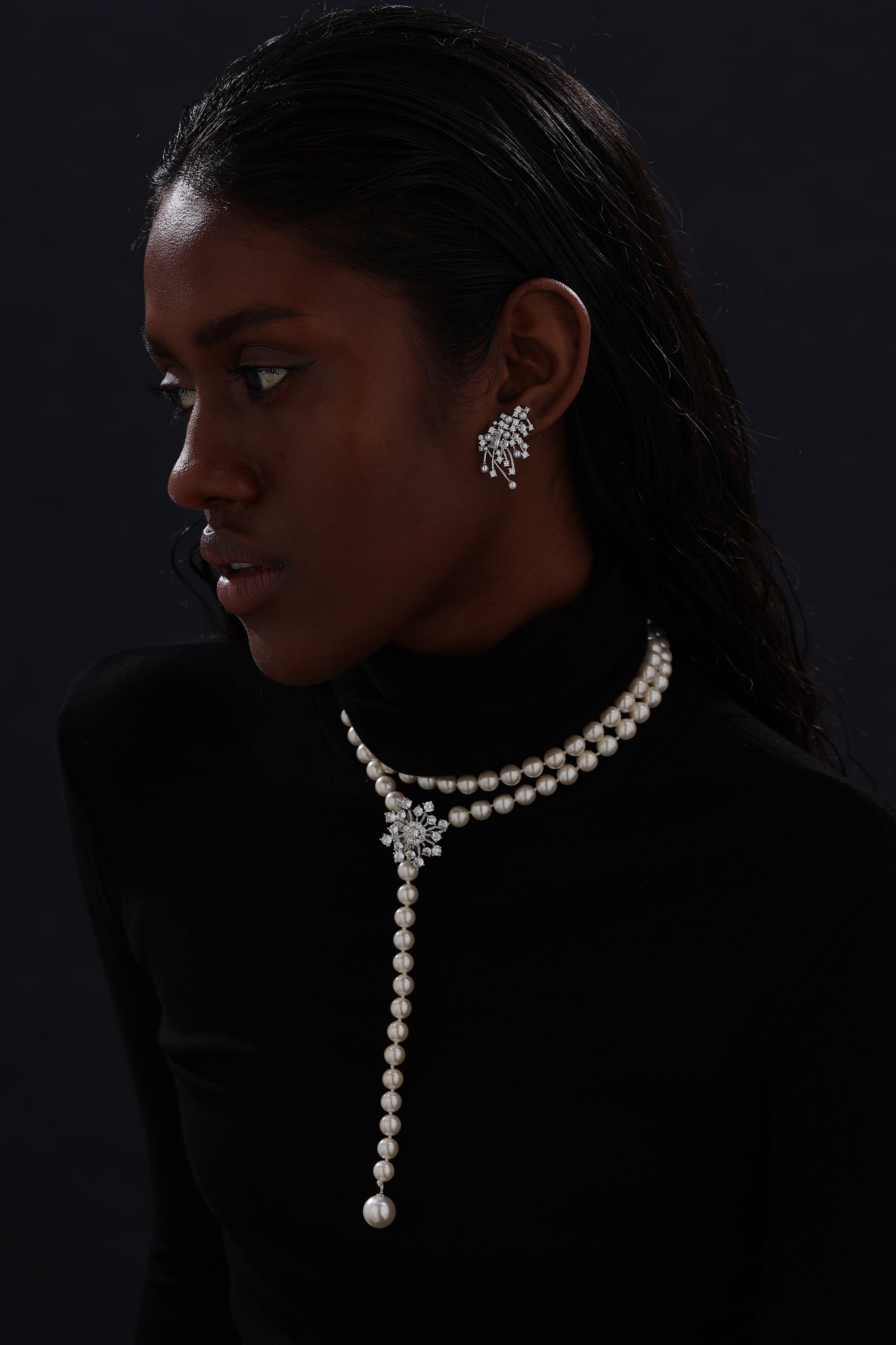 Snow Flower Pearl Drop Necklace - 4 Ways to Wear - White - Long Necklace - ONNNIII