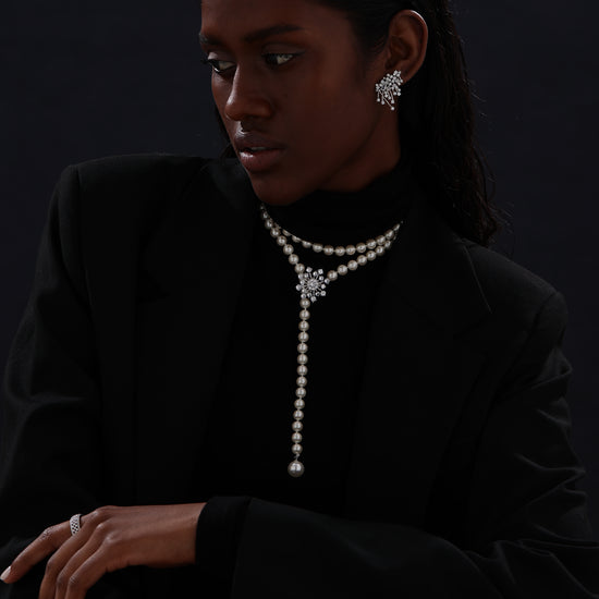 Snow Flower Pearl Drop Necklace - 4 Ways to Wear - White - Long Necklace - ONNNIII