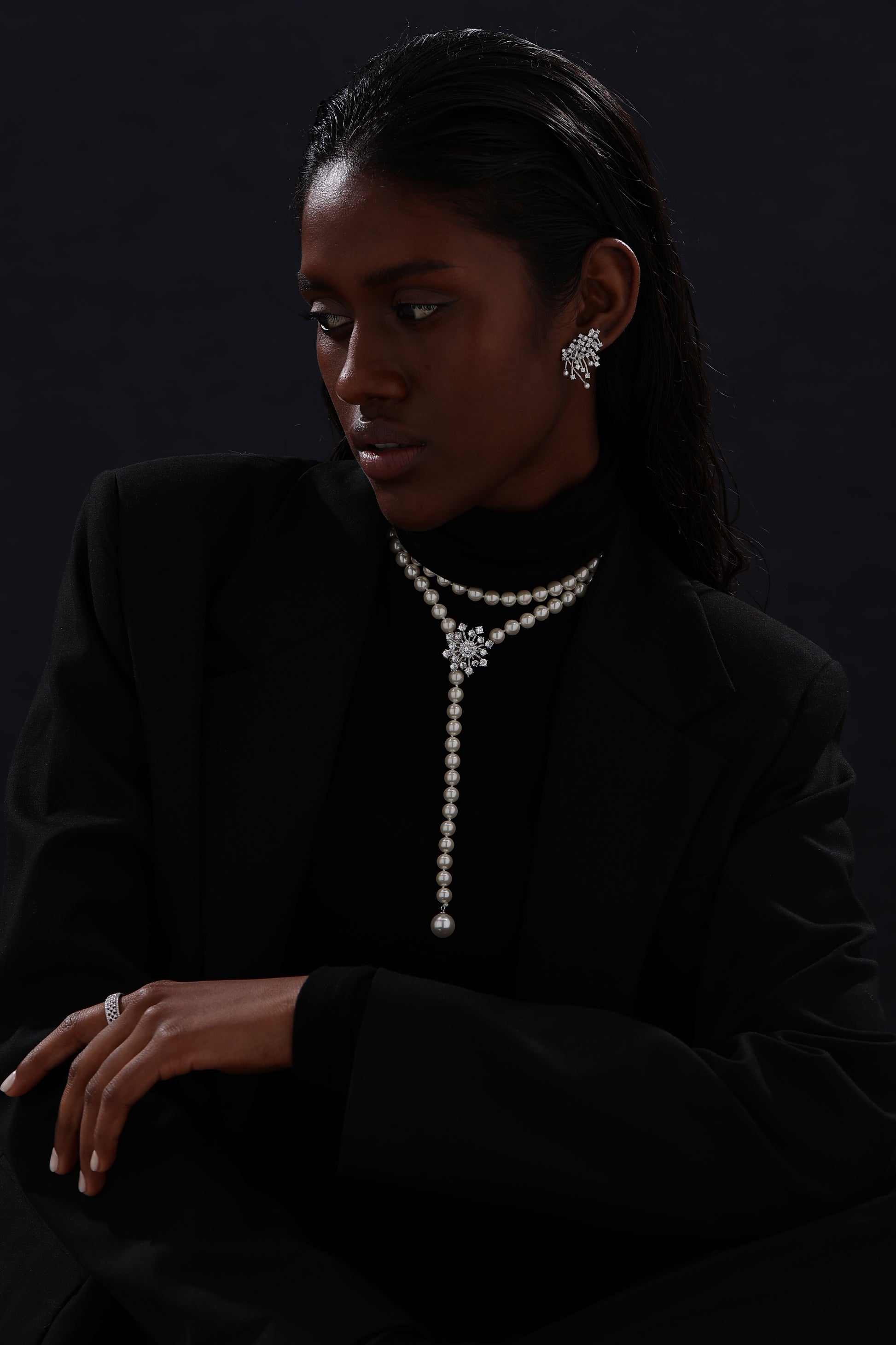 Snow Flower Pearl Drop Necklace - 4 Ways to Wear - White - Long Necklace - ONNNIII