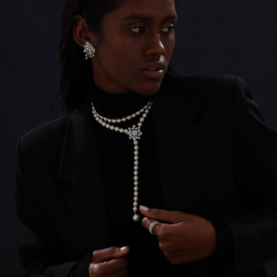 Snow Flower Pearl Drop Necklace - 4 Ways to Wear - White - Long Necklace - ONNNIII