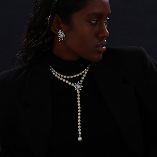 Snow Flower Pearl Drop Necklace - 4 Ways to Wear - White - Long Necklace - ONNNIII