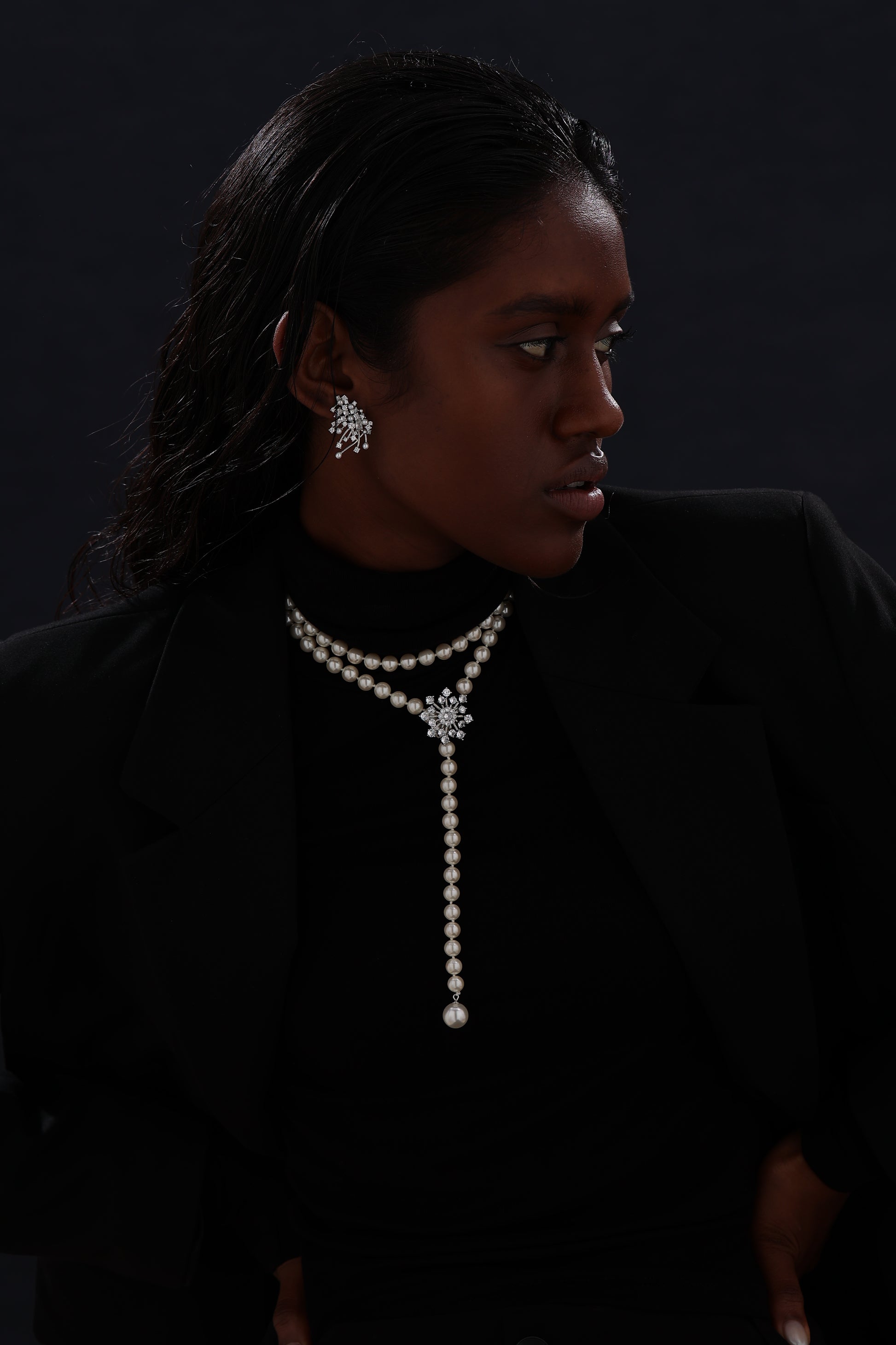 Snow Flower Pearl Drop Necklace - 4 Ways to Wear - White - Long Necklace - ONNNIII