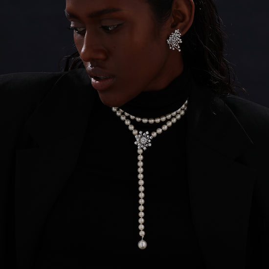 Snow Flower Pearl Drop Necklace - 4 Ways to Wear - White - Long Necklace - ONNNIII