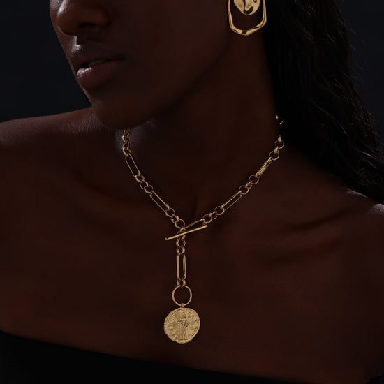 T-bar Curb Chain Necklace with Ancient Coin - Unisex - Necklace - ONNNIII