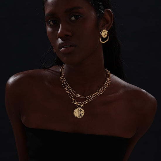 T-bar Curb Chain Necklace with Ancient Coin - Unisex - Necklace - ONNNIII