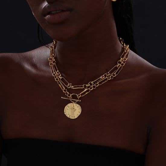 T-bar Curb Chain Necklace with Ancient Coin - Unisex - Necklace - ONNNIII