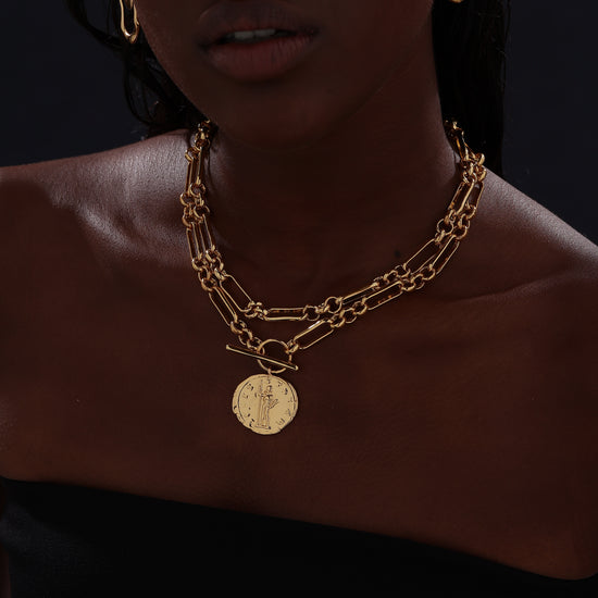 T-bar Curb Chain Necklace with Ancient Coin - Unisex - Necklace - ONNNIII