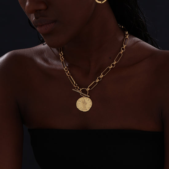 T-bar Curb Chain Necklace with Ancient Coin - Unisex - Necklace - ONNNIII