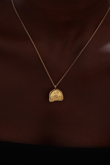 Textured Half Moon Star Ocean Pendant Necklace - 22K Gold Vermeil
