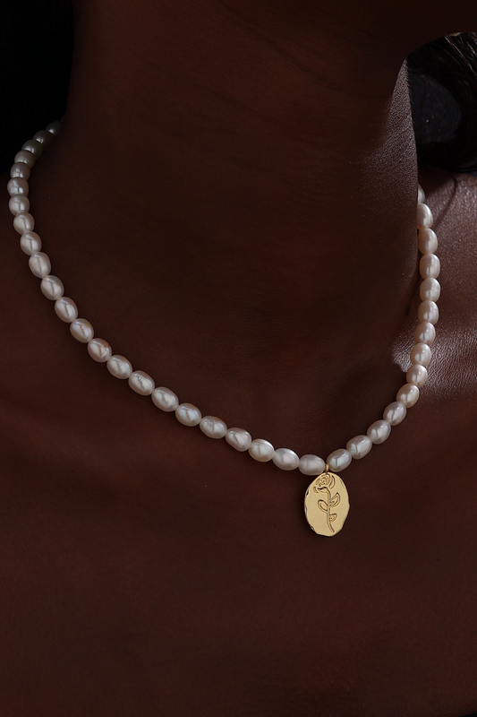 Handcrafted Rose Pendant Pearl Necklace - Double Sided