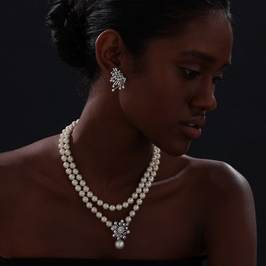 Snow Flower Pearl Drop Necklace - 4 Ways to Wear - White - Long Necklace - ONNNIII