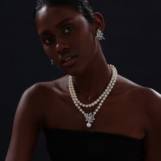 Snow Flower Pearl Drop Necklace - 4 Ways to Wear - White - Long Necklace - ONNNIII