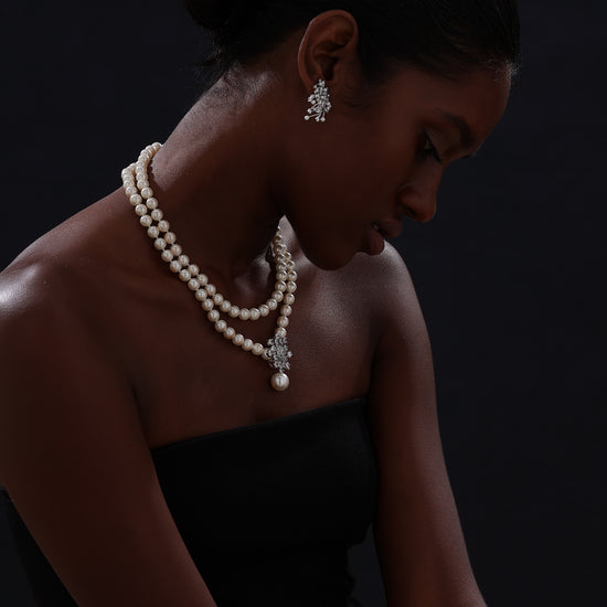 Snow Flower Pearl Drop Necklace - 4 Ways to Wear - White - Long Necklace - ONNNIII
