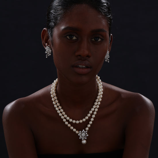 Snow Flower Pearl Drop Necklace - 4 Ways to Wear - White - Long Necklace - ONNNIII