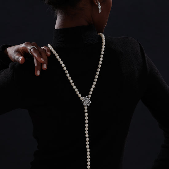 Snow Flower Pearl Drop Necklace - 4 Ways to Wear - White - Long Necklace - ONNNIII