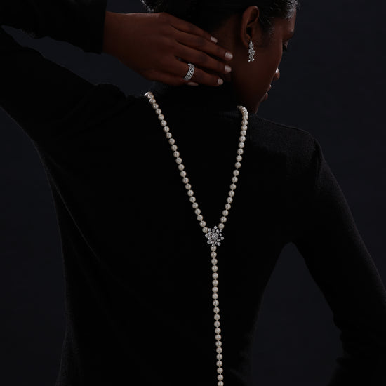 Snow Flower Pearl Drop Necklace - 4 Ways to Wear - White - Long Necklace - ONNNIII