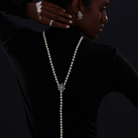 Snow Flower Pearl Drop Necklace - 4 Ways to Wear - White - Long Necklace - ONNNIII