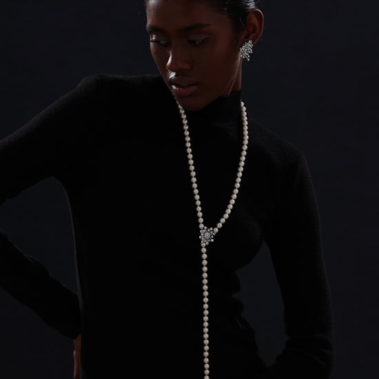 Snow Flower Pearl Drop Necklace - 4 Ways to Wear - White - Long Necklace - ONNNIII