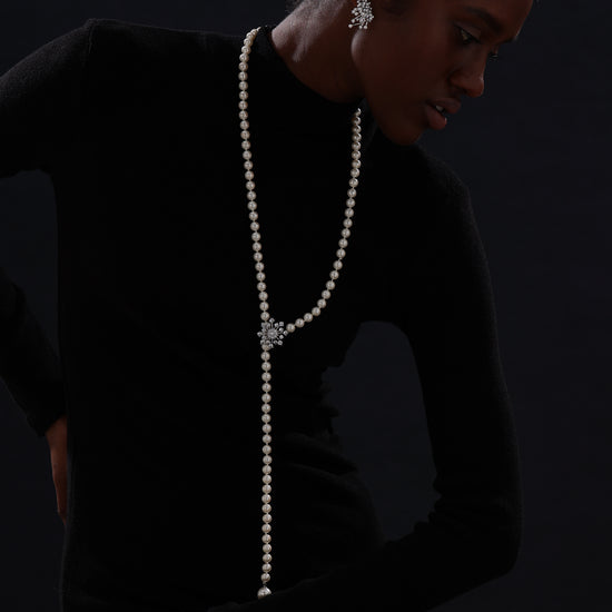 Snow Flower Pearl Drop Necklace - 4 Ways to Wear - White - Long Necklace - ONNNIII