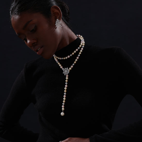 Snow Flower Pearl Drop Necklace - 4 Ways to Wear - Multicolour - Long Necklace - ONNNIII
