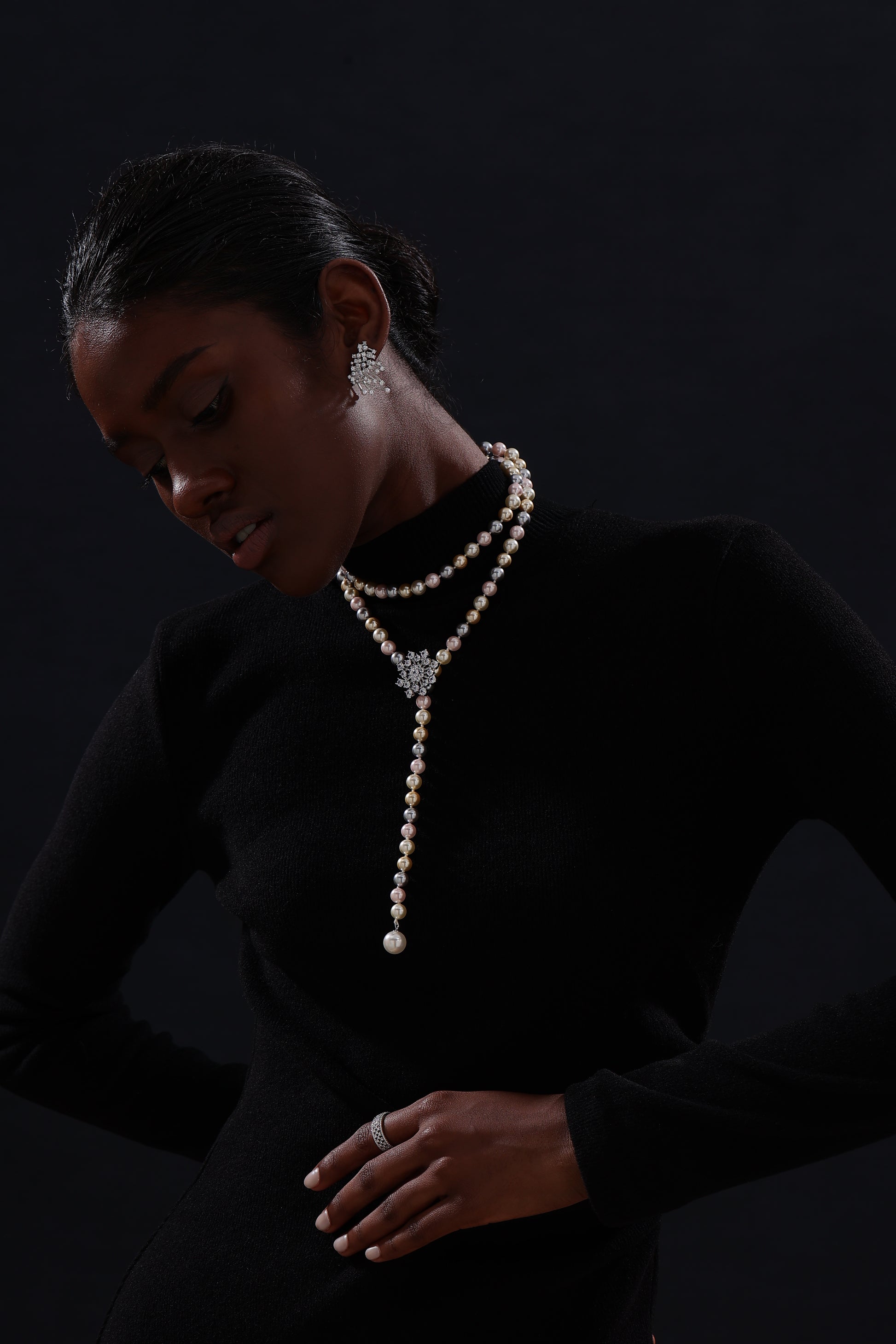 Snow Flower Pearl Drop Necklace - 4 Ways to Wear - Multicolour - Long Necklace - ONNNIII