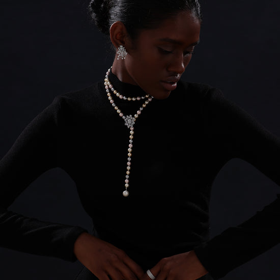 Snow Flower Pearl Drop Necklace - 4 Ways to Wear - Multicolour - Long Necklace - ONNNIII