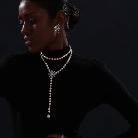 Snow Flower Pearl Drop Necklace - 4 Ways to Wear - Multicolour - Long Necklace - ONNNIII