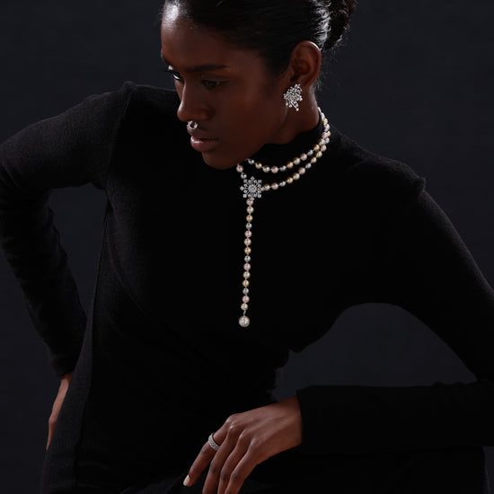 Snow Flower Pearl Drop Necklace - 4 Ways to Wear - Multicolour - Long Necklace - ONNNIII