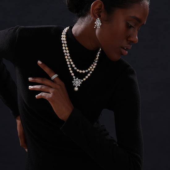 Snow Flower Pearl Drop Necklace - 4 Ways to Wear - Multicolour - Long Necklace - ONNNIII