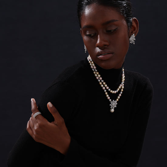 Snow Flower Pearl Drop Necklace - 4 Ways to Wear - Multicolour - Long Necklace - ONNNIII