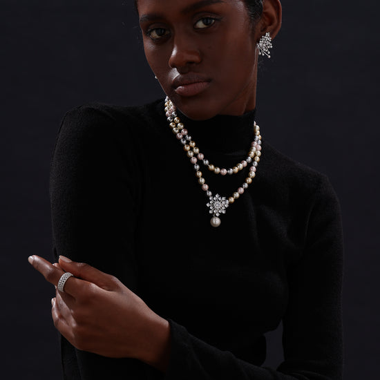Snow Flower Pearl Drop Necklace - 4 Ways to Wear - Multicolour - Long Necklace - ONNNIII