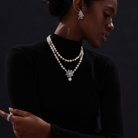 Snow Flower Pearl Drop Necklace - 4 Ways to Wear - Multicolour - Long Necklace - ONNNIII