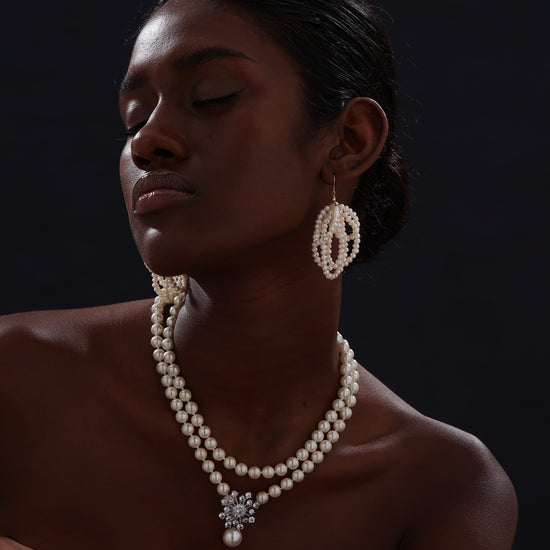 Snow Flower Pearl Drop Necklace - 4 Ways to Wear - White - Long Necklace - ONNNIII