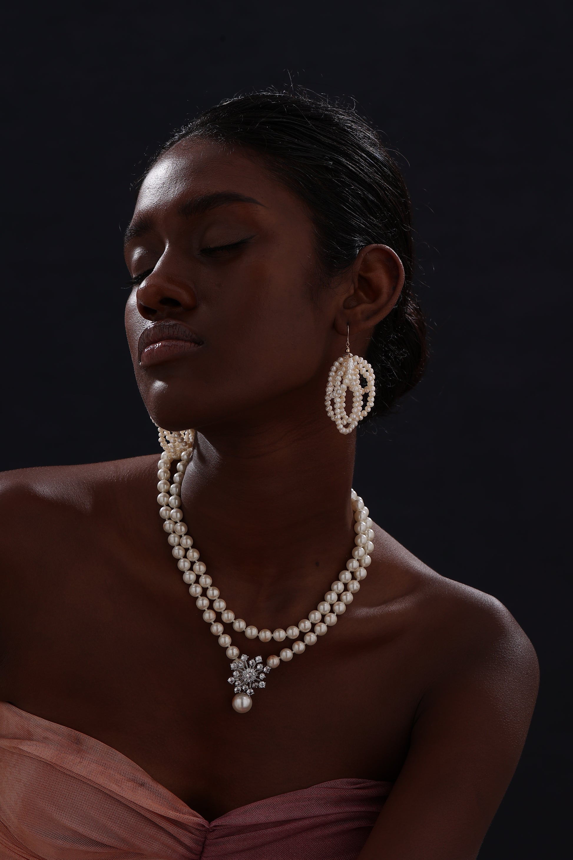 Snow Flower Pearl Drop Necklace - 4 Ways to Wear - White - Long Necklace - ONNNIII