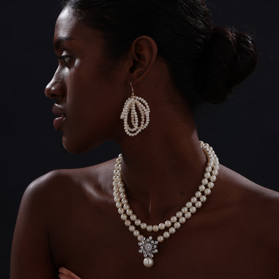 Snow Flower Pearl Drop Necklace - 4 Ways to Wear - White - Long Necklace - ONNNIII