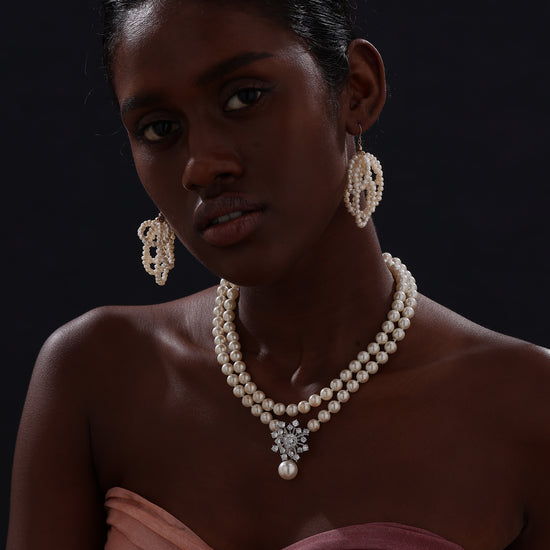 Snow Flower Pearl Drop Necklace - 4 Ways to Wear - White - Long Necklace - ONNNIII