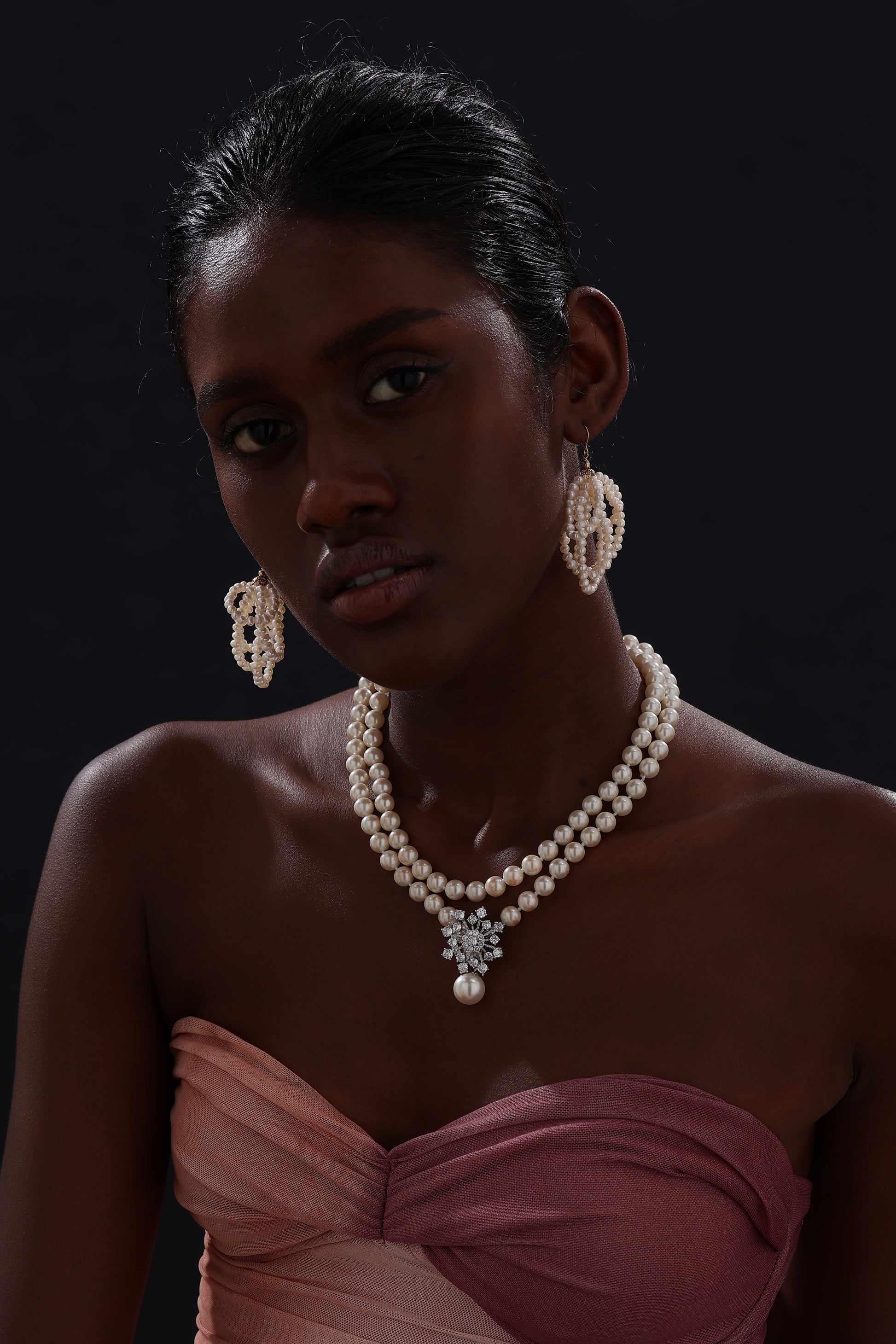 Snow Flower Pearl Drop Necklace - 4 Ways to Wear - White - Long Necklace - ONNNIII
