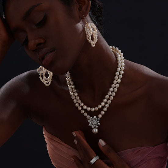 Snow Flower Pearl Drop Necklace - 4 Ways to Wear - White - Long Necklace - ONNNIII