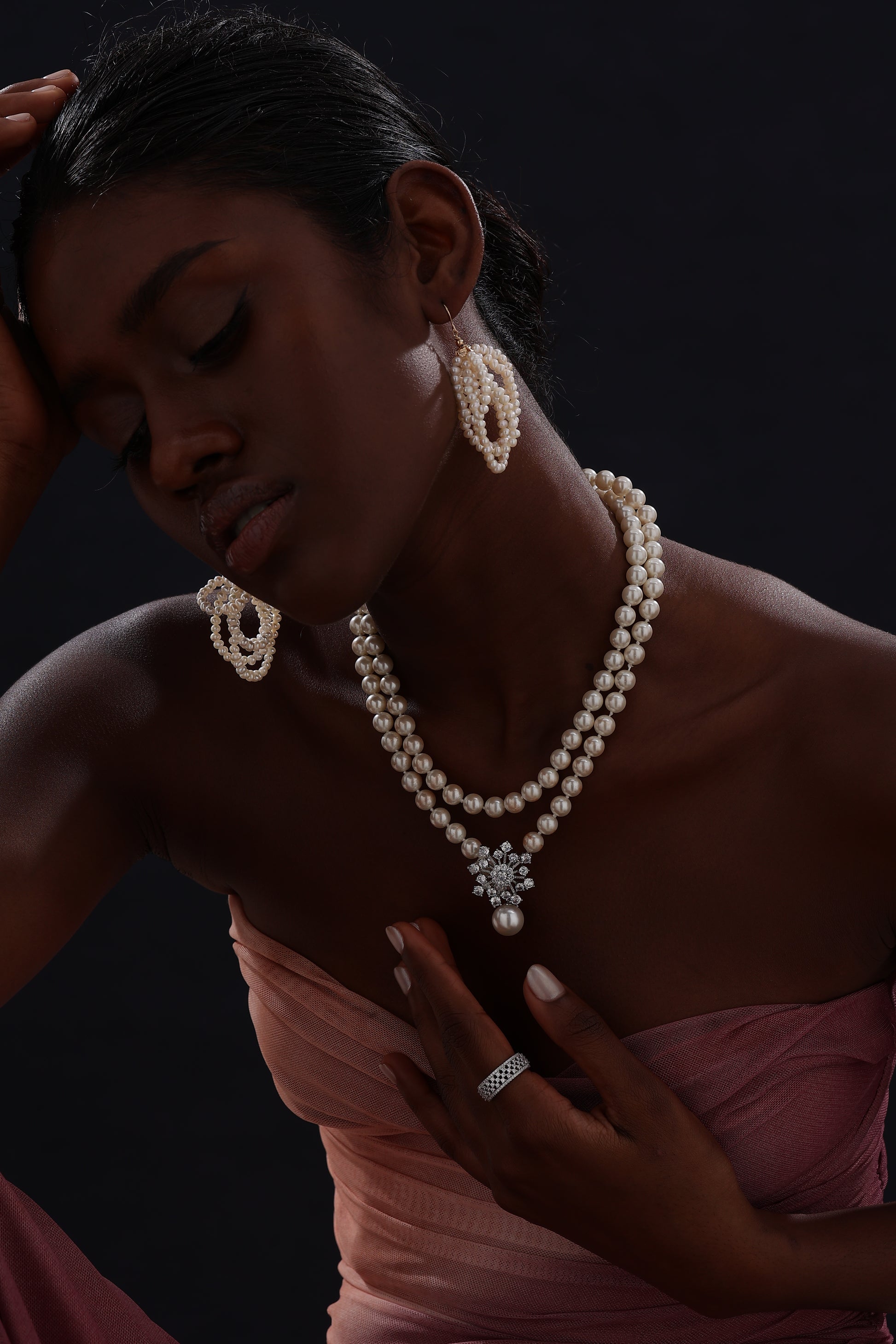 Snow Flower Pearl Drop Necklace - 4 Ways to Wear - White - Long Necklace - ONNNIII