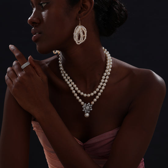 Snow Flower Pearl Drop Necklace - 4 Ways to Wear - White - Long Necklace - ONNNIII