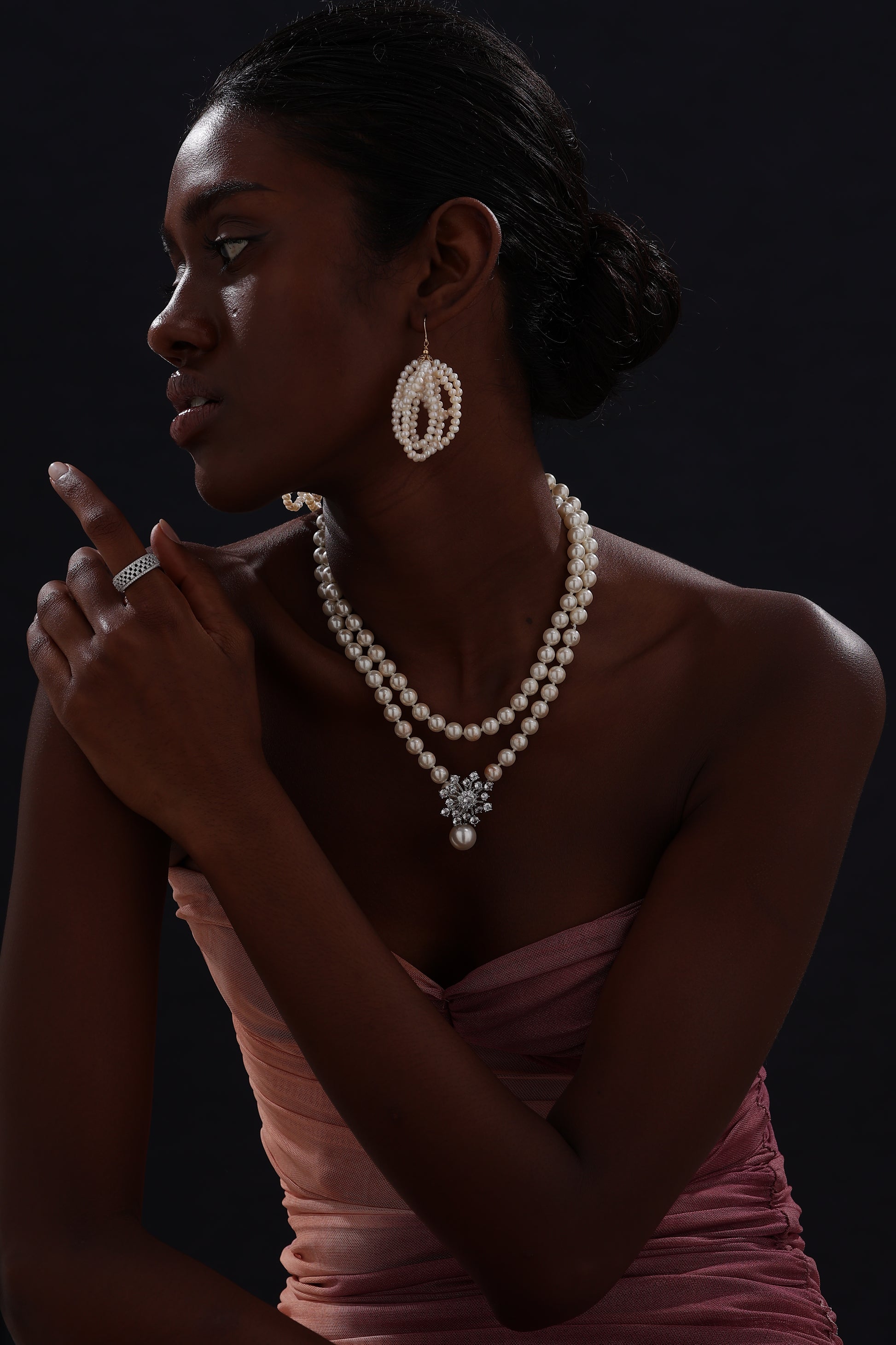 Snow Flower Pearl Drop Necklace - 4 Ways to Wear - White - Long Necklace - ONNNIII