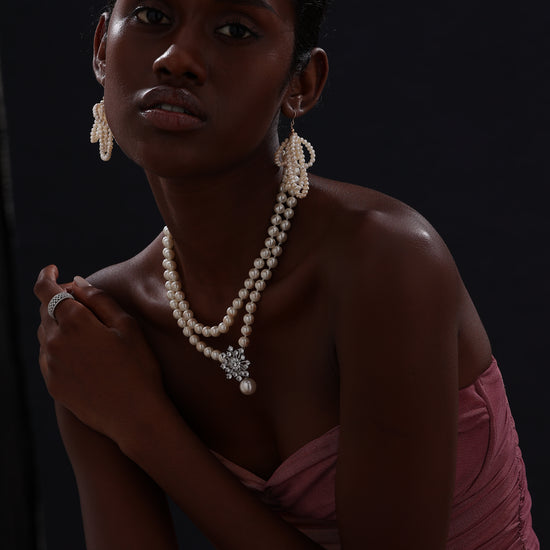Snow Flower Pearl Drop Necklace - 4 Ways to Wear - White - Long Necklace - ONNNIII