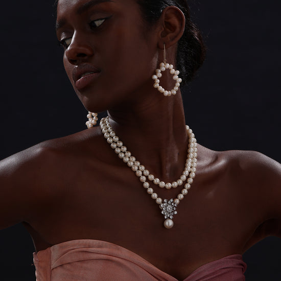 Snow Flower Pearl Drop Necklace - 4 Ways to Wear - White - Long Necklace - ONNNIII