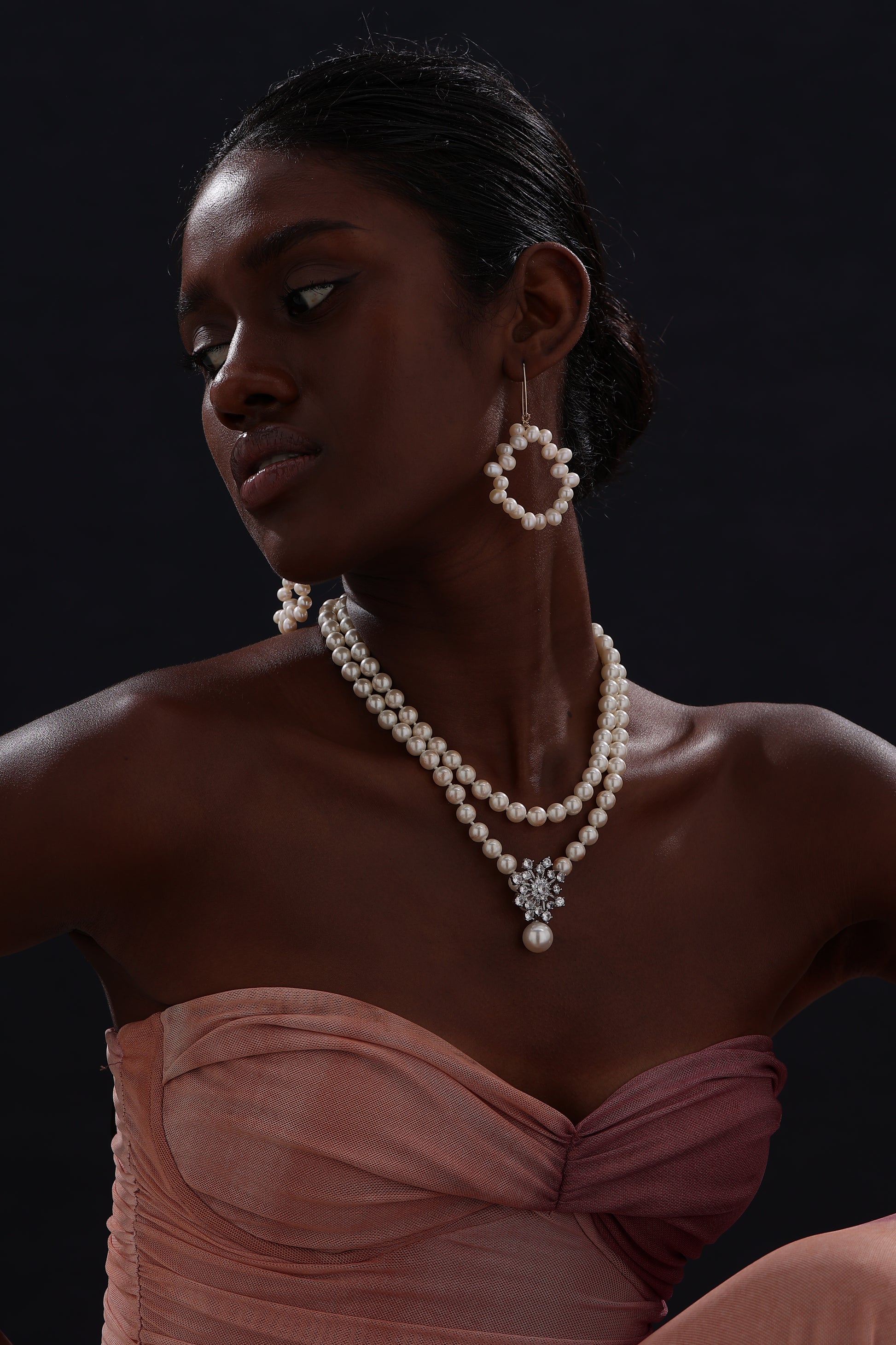 Snow Flower Pearl Drop Necklace - 4 Ways to Wear - White - Long Necklace - ONNNIII
