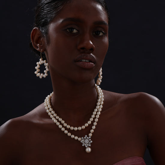 Snow Flower Pearl Drop Necklace - 4 Ways to Wear - White - Long Necklace - ONNNIII